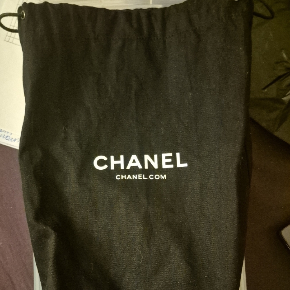CHANEL Black Drawstring Logo Dust Pouch Storage Bag 11 x 7 x 4 Wallet Clutch